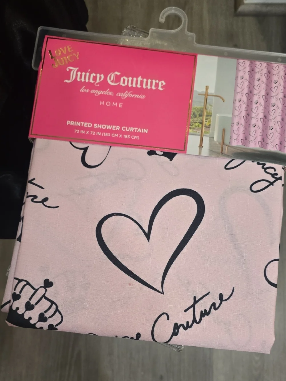 Juicy Couture Home Script Logo, Hearts, & Crowns Print Fabric Shower Curtain